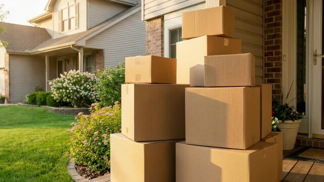 Countless cardboard boxes stacked on home porch. Moving day or busy package delivery service. E-commerce shipping concept.