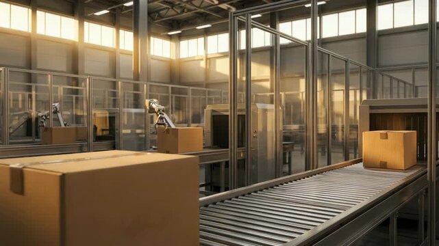 Robotic arm automation in a modern warehouse, handling and moving large boxes on conveyor belts for efficient delivery logistic system concept.