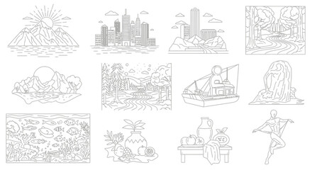 Naklejka premium Diverse Line Art Illustrations Set for Coloring Book. Nature, Cityscape, Still Life, Abstract & People Outlines, Vector Graphics Pack.