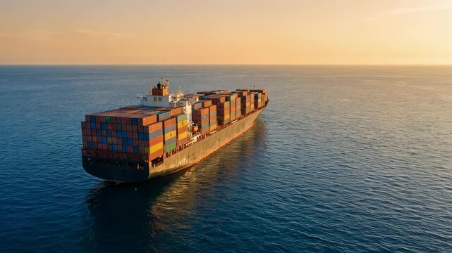 Aerial view of a container ship navigating the ocean at sunset, showcasing global trade and cargo transportation.