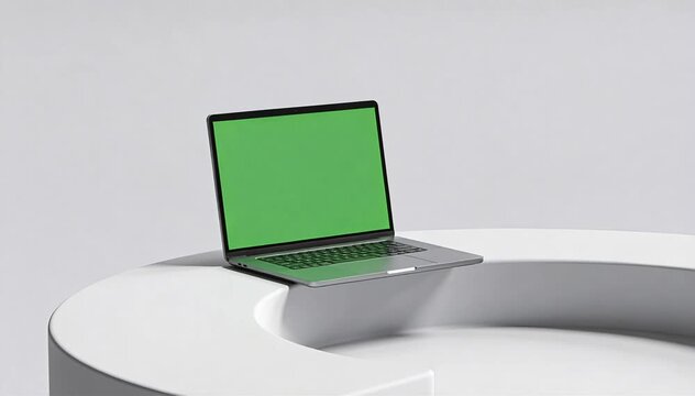 Modern laptop with green screen on sleek white table for presentations