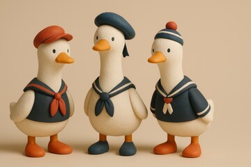 Fototapeta premium Three Cute Sailor Ducks in Vintage Navy Outfit 3D Clay Illustration