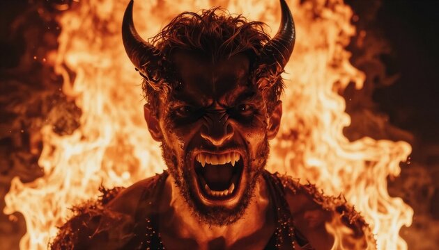 Retrato de un demonio en medio de llamas, con expresi&oacute;n de furia y desesperaci&oacute;n.