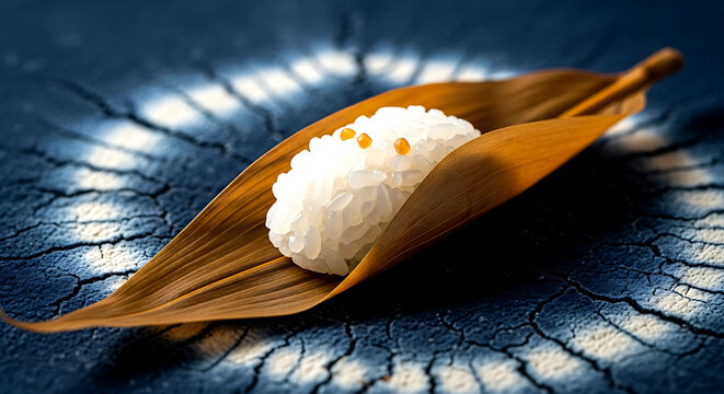 Wabi-sabi aesthetic. a single grain of perfectly cooked sushi rice, seasoned with rice vinegar, clinging to a single dried bamboo leaf (sasa) from a traditional wrap 