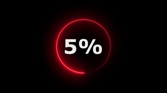 Glowing neon circle with 5 percent text icon animation light effect modern minimal clean shiny typography counter progress meter loading indicator loop seamless black background animation.