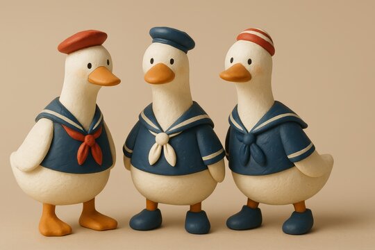 Adorable Three Sailor Ducks 3D Clay Character Close Up