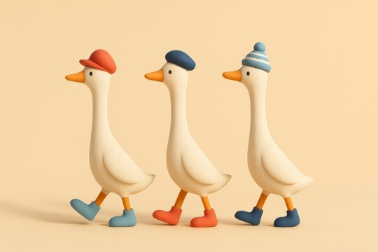 Three Cute Ducks Walking in Line 3D Clay Character Illustration