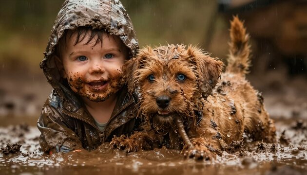Un ni&ntilde;o y un cachorro cubiertos de barro disfrutan de un chapuz&oacute;n en un charco.