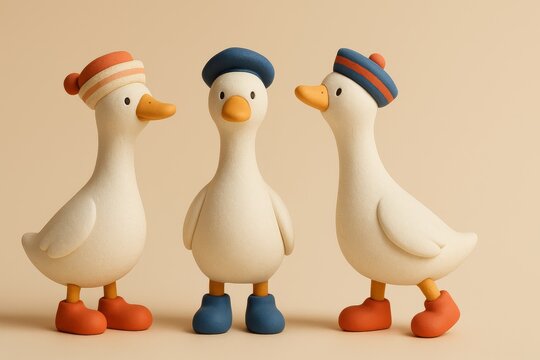 Three Cute Ducks Wearing Hats and Boots 3D Clay Illustration