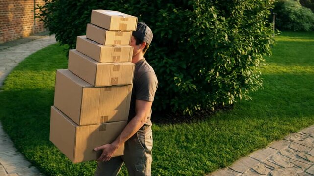 Male courier balancing a tall stack of cardboard boxes on a winding stone path in a green garden for delivery service.