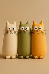Adorable Three Cat Characters Close Up, Minimal Pastel Clay 3D Render