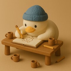 Cute Duck Character Drawing in Notebook on Wooden Table 3D Clay Illustration