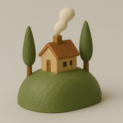 Minimal Wooden House on Green Hill with Trees 3D Illustration