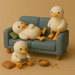 Cute Duck Family Relaxing on Sofa Playing Video Game 3D Clay Illustration