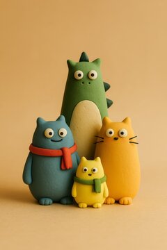 Cute Clay Animal Family Characters with Scarves 3D Illustration