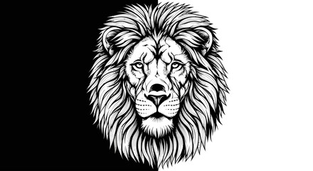 Obraz premium Powerful lion head vector illustration in monochrome black and white, regal king of the jungle design, symbolic strength and majesty.