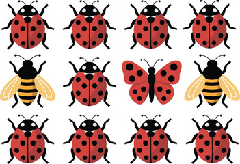 Naklejka premium Cartoon ladybug insect pattern set, with butterfly and bee characters isolated on white background flat vector illustration for kids design