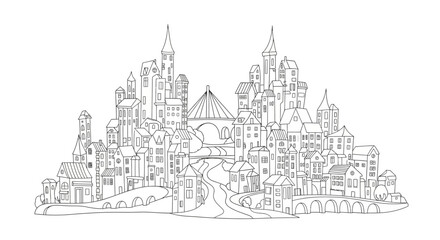 Fototapeta premium Detailed Hand Drawn Fantasy Cityscape Line Art Illustration. Whimsical Medieval Town with Winding Roads and Traditional Buildings.