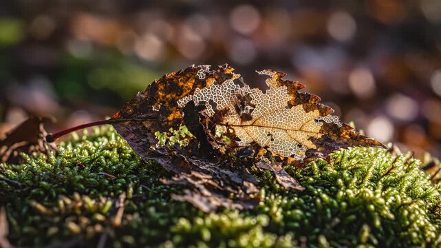 Decaying leaf skeleton resting on vibrant green moss, autumn colors