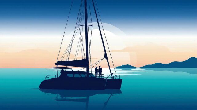 Couple on a sailboat at sunset. Romantic silhouette of man and woman enjoying a sea trip. Vector illustration for travel vacation.