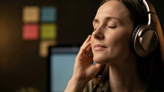 Woman listens to music with headphones in a cozy environment. She shows relaxation and enjoyment while seated by a computer, suggesting a focus on personal time or leisure activities