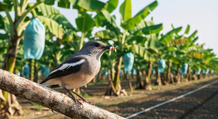 Obraz premium Oriental Magpie-robin perching on a branch in a banana plantation with a worm in its beak, biological pest control concept