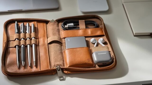 Medium shot featuring a leather tech organizer with dedicated pen loops and compartments ideal for neatly arranging tech gadgets and writing instruments.