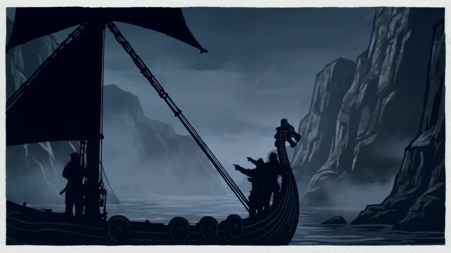 Two men sailing in a viking ship through a misty fjord toward a distant land, concept of exploration and adventure.