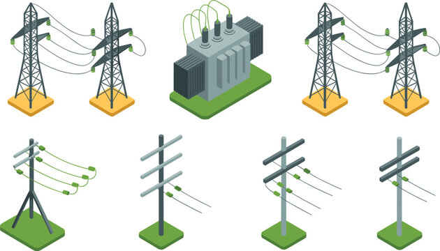 Isometric electricity transmission towers, power transformer, utility poles, electrical grid infrastructure, high voltage lines, energy distribution vector illustration set