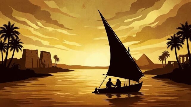 Man and woman sailing boat with pyramids and temple ruins under sunset sky, romantic egypt travel concept for journey and tourism