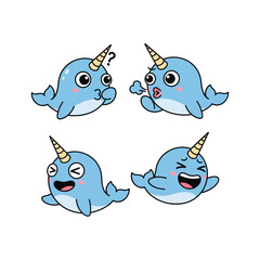 Cute cartoon narwhals with different facial expressions isolated on white background © MdAlamgir