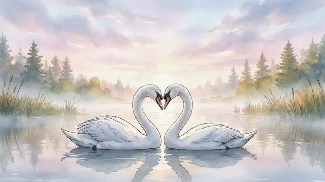 Two lover swans forming heart shape with necks in foggy lake at sunrise, romantic animal pair for February 14 for true couple and wedding.