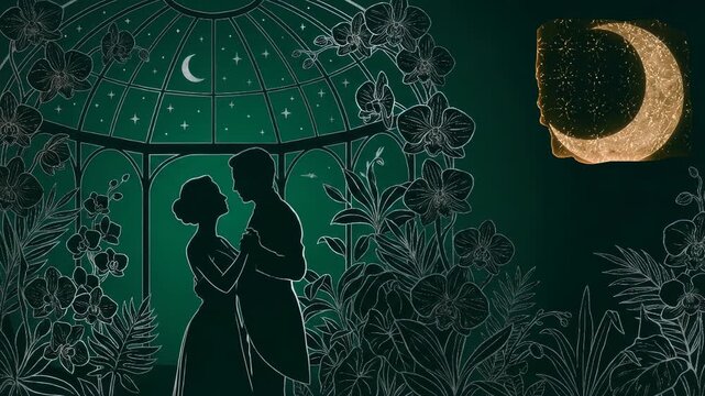 Man and woman slow dancing in an elegant greenhouse under a crescent moon, featuring a sparkling moon in transition