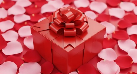 A beautifully wrapped red gift box with a bow on top surrounded by numerous red and pink heart shaped confetti pieces