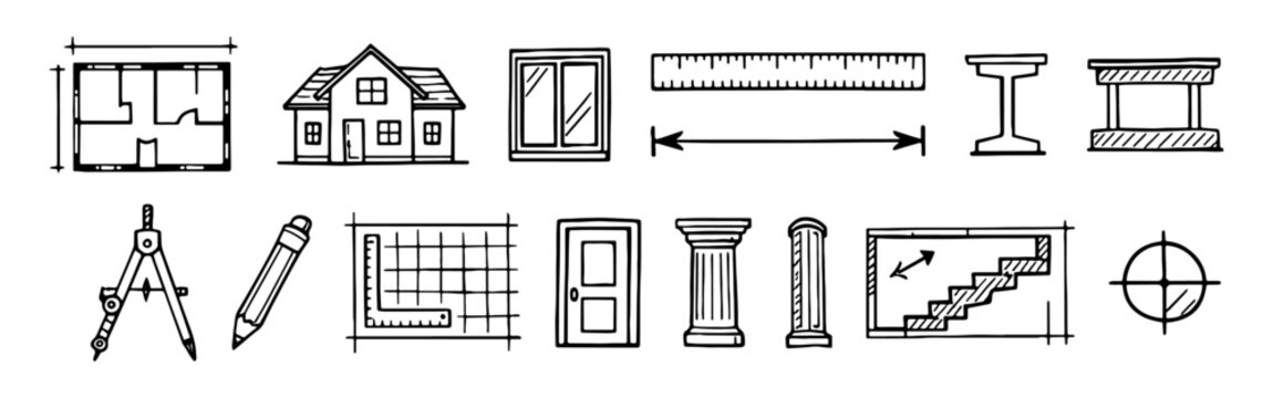 Hand-drawn architectural doodle icons set including blueprints, house, tools, and structural elements for construction and engineering design.