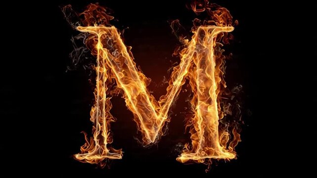 A large, fiery Letter M on fire engulfed in flames against a dark background.
