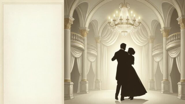 Silhouette of a man and woman ballroom dancing, spinning, and embracing in an elegant hall under a chandelier. Video for dance instruction and romantic concepts.