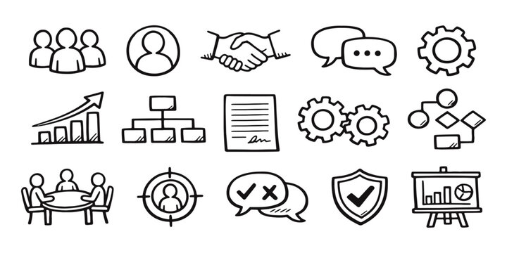 Set of hand-drawn business and management doodle icons including handshake, team, growth chart, and gear symbols on white background.
