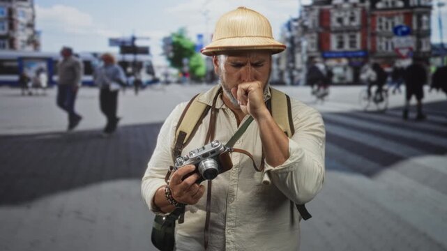Man with vintage camera and backpack coughing into fist on street near tram stop and city building facades; travel fatigue curiosity solitude.