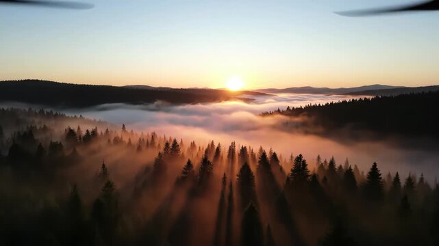 Sunbeams pierce fog over a conifer forest at sunrise