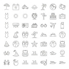 Summer Travel Line Icons Set &ndash; Beach Vacation & Tourism Outline Collection