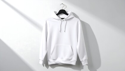 A white hoodie hangs from a dark hanger on a wall, casting shadows in a stark, well-lit environment