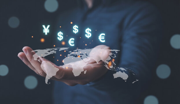 Hand displaying digital world map with currency symbols including dollar euro and yen signifying international business transactions