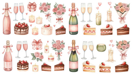 A charming watercolor collection of romantic celebration elements, including champagne bottles, sparkling glasses, roses, candles, cakes, and gift boxes. © liana