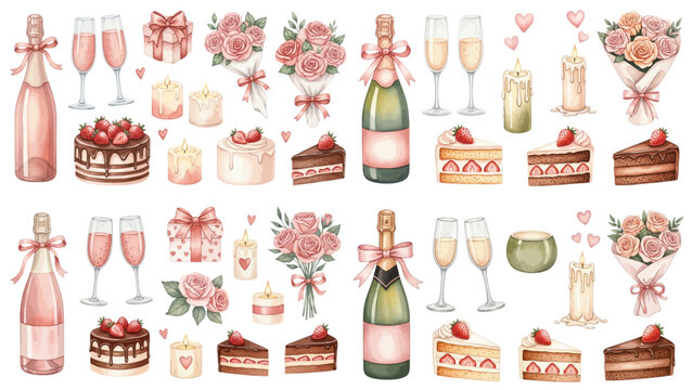 A charming watercolor collection of romantic celebration elements, including champagne bottles, sparkling glasses, roses, candles, cakes, and gift boxes.