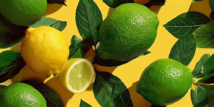 Seamless Pattern with Fresh Lemons Limes and Yerba Mate Leaves