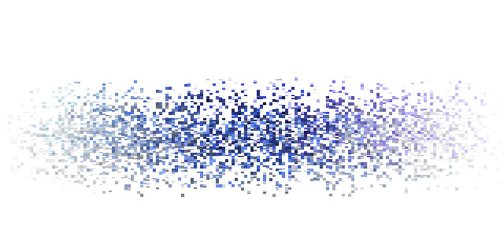 Raster of scattered blue pixels forming gradient wave, digital art, pixelated texture, abstract composition, tech aesthetic.