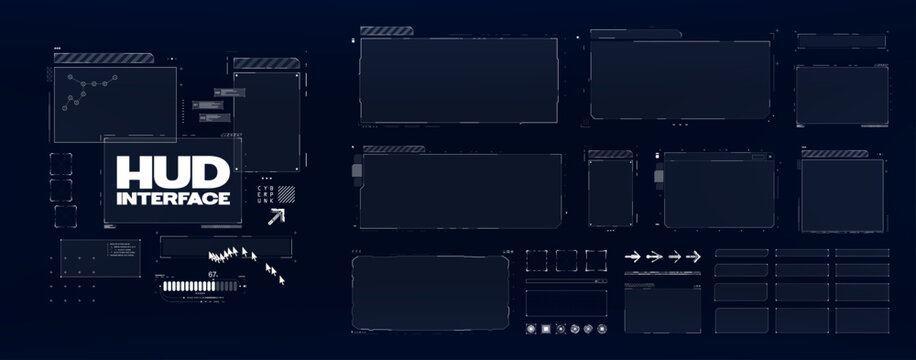 Futuristic UI frames, HUD interface graphic set for UI, UX, Web, Games. Sci-fi empty frames, callouts, buttons, arrows. Cyberpunk template - futuristic user interface. Vector graphic box for GUI