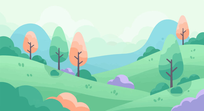 A serene, pastel landscape with rolling hills, abstract trees, and soft clouds