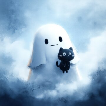 Un adorable fantasma blanco flota entre nubes de niebla, abrazando a un peque&ntilde;o gato negro.
